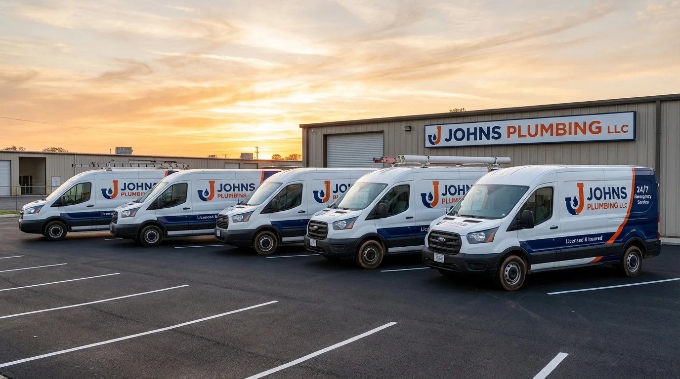 Johns Plumbing LLC fleet of service vans ready for dispatch across New Hampshire